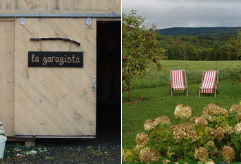 The sign at La Garagista; summer lawn furniture